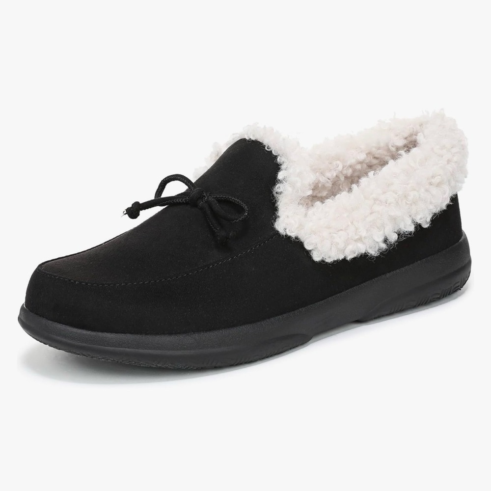 New Vionic Black Slippers with Cream Sherpa Collar Sz 8.5